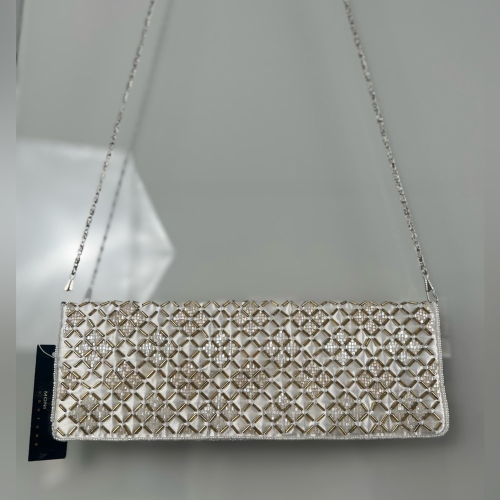Nwt MONI Couture White Satin Gold Opalescent Clutch With Silver Shoulder Chain